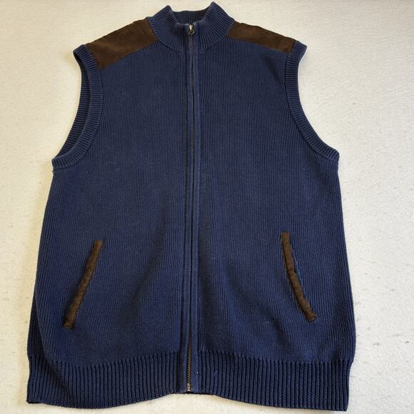 Vtg Chaps Sweater Vest Mens Large Cable Knit Blue Full Zip 78 Leather Shoulder - Picture 1 of 9